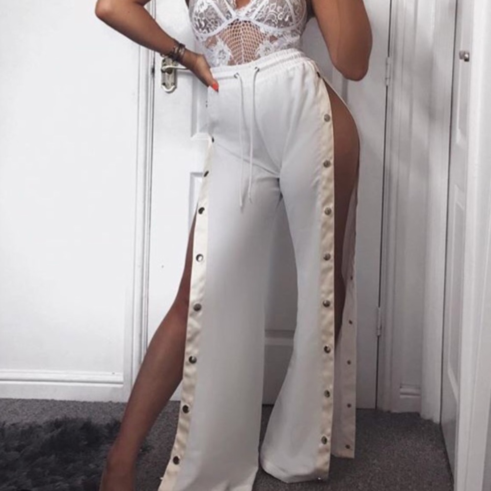 White Satin Side Popper Trousers